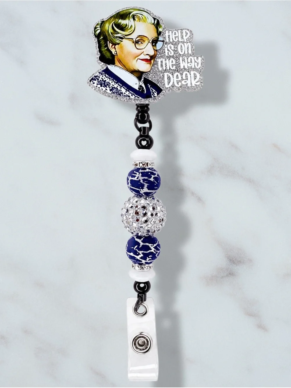 Misses Doubt Fire Novelty Beaded Badge Reel